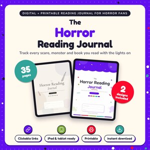 The Horror Reading Journal shown on two tablets in Classic and Pop designs: 35 pages, clickable links, iPad and tablet ready, printable, instant download
