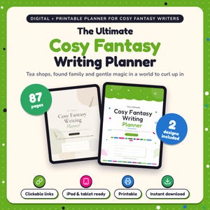 The Ultimate Cosy Fantasy Writing Planner shown on two tablets in Classic and Pop designs: 87 pages, clickable links, iPad and tablet ready, printable, instant download