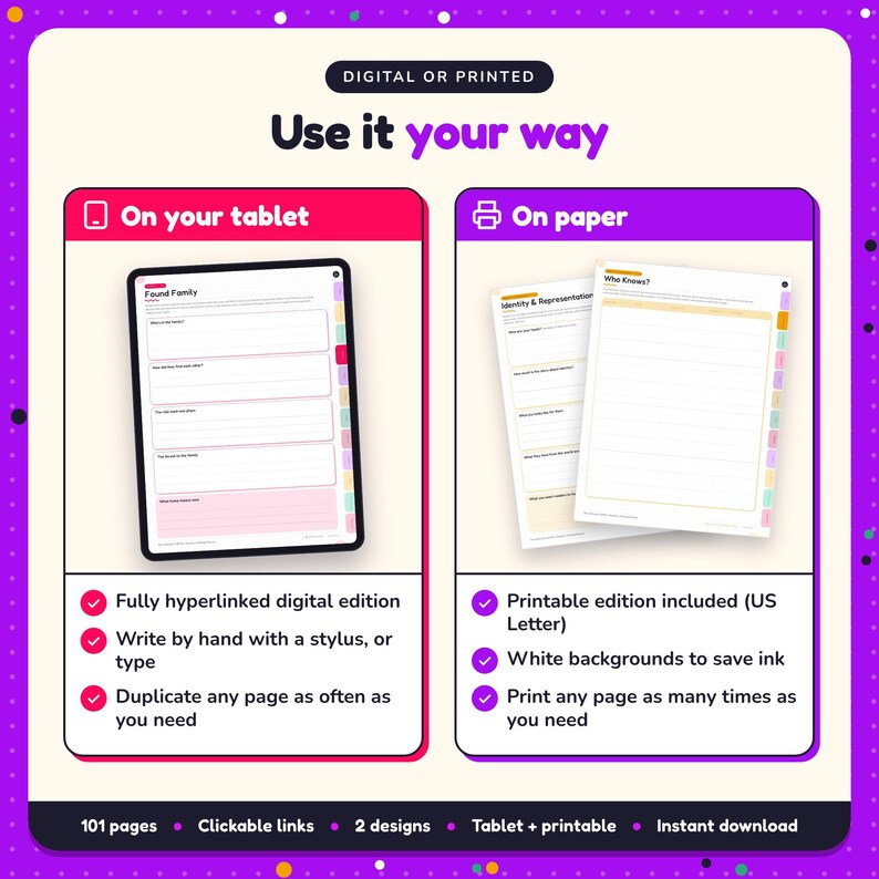Use the LGBTQ+ Romance Writing Planner on your tablet as a hyperlinked digital planner, or print the US Letter printable edition