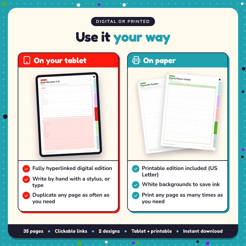 Use the Historical Fiction Reading Journal on your tablet as a hyperlinked digital journal, or print the US Letter printable edition