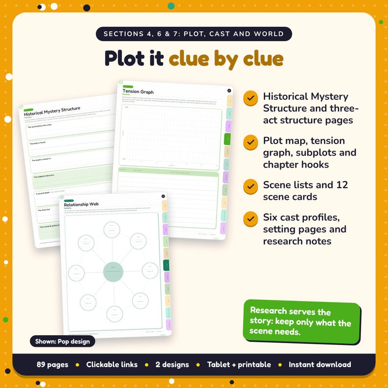 Plot it clue by clue: Historical Mystery Writing Planner pages. Historical Mystery Structure and three-act structure pages; Plot map, tension graph, subplots and chapter hooks; Scene lists and 12 scene cards