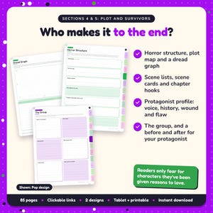 Who makes it to the end?: Horror Writing Planner pages. Horror structure, plot map and a dread graph; Scene lists, scene cards and chapter hooks; Protagonist profile: voice, history, wound and flaw