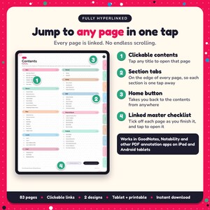 Hyperlinked contents page of the Erotica Writing Planner, with clickable contents, section tabs, home button and linked master checklist for GoodNotes and Notability