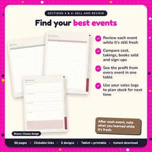Find your best events: Author Events Planner pages. Review each event while it's still fresh; Compare cost, takings, books sold and sign-ups; See the profit from every event in one table