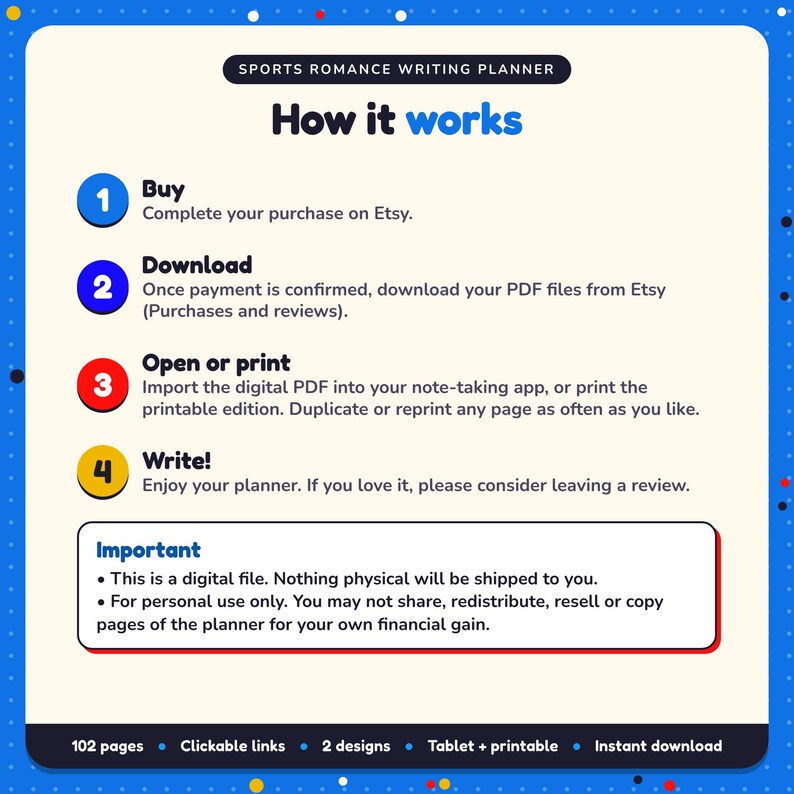 How it works: buy, download the PDF files from Etsy, open in your note-taking app or print. Digital file for personal use, nothing is shipped