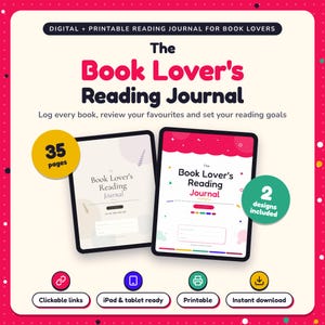 The Book Lover's Reading Journal shown on two tablets in Classic and Pop designs: 35 pages, clickable links, iPad and tablet ready, printable, instant download