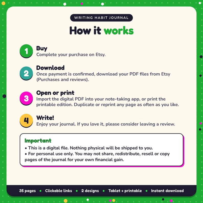 How it works: buy, download the PDF files from Etsy, open in your note-taking app or print. Digital file for personal use, nothing is shipped