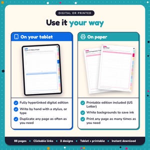 Use the LitRPG & Progression Fantasy Writing Planner on your tablet as a hyperlinked digital planner, or print the US Letter printable edition