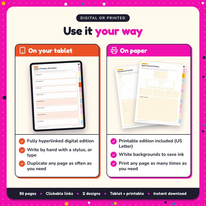 Use the Urban Fantasy Writing Planner on your tablet as a hyperlinked digital planner, or print the US Letter printable edition