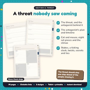 A threat nobody saw coming: Techno-Thriller Writing Planner pages. The threat, and the antagonist behind it; The antagonist's plan and timeline; Cat and mouse, eight set pieces and the climax
