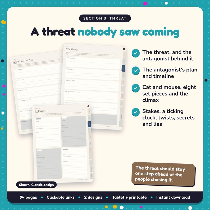 A threat nobody saw coming: Techno-Thriller Writing Planner pages. The threat, and the antagonist behind it; The antagonist's plan and timeline; Cat and mouse, eight set pieces and the climax