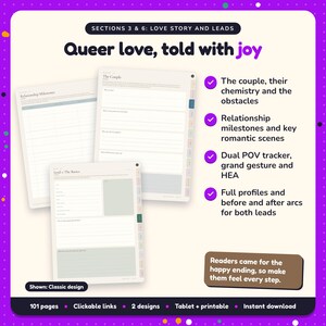 Queer love, told with joy: LGBTQ+ Romance Writing Planner pages. The couple, their chemistry and the obstacles; Relationship milestones and key romantic scenes; Dual POV tracker, grand gesture and HEA