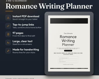 May include: A digital writing planner for e-ink tablets titled The Ultimate Romance Writing Planner. Features include 97 pages, tap-to-jump links, and large text. The interface displays a cover page with fields for book title and series information.
