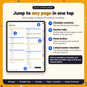 Hyperlinked contents page of the Children's Book Writing Planner, with clickable contents, section tabs, home button and linked master checklist for GoodNotes and Notability