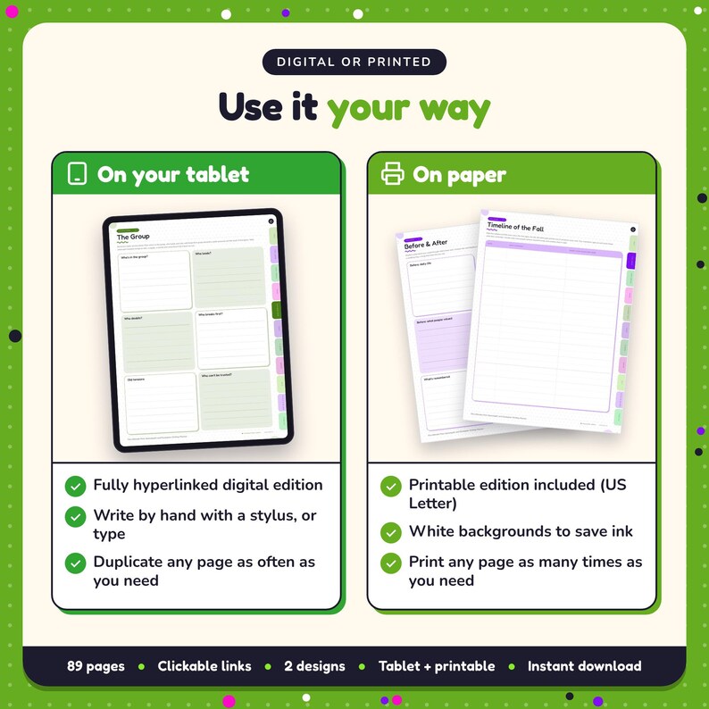 Use the Post-Apocalyptic & Dystopian Writing Planner on your tablet as a hyperlinked digital planner, or print the US Letter printable edition