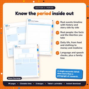 Know the period inside out: Historical Fiction Writing Planner pages. Real events timeline with history and story side by side; Real people: the facts and the liberties you take; Daily life, from food and clothing to money and medicine