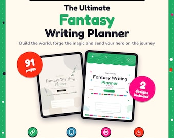 May include: A digital and printable fantasy writing planner featuring two tablet displays showing cover pages with the text The Ultimate Fantasy Writing Planner. Includes 91 pages, 2 designs, clickable links, and tablet compatibility.