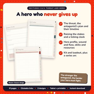 A hero who never gives up: Action Thriller Writing Planner pages. The threat, the antagonist's plan and their timeline; Raising the stakes and a ticking clock; Hero profile, wound and flaw, skills and resources