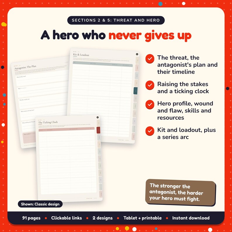 A hero who never gives up: Action Thriller Writing Planner pages. The threat, the antagonist's plan and their timeline; Raising the stakes and a ticking clock; Hero profile, wound and flaw, skills and resources