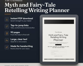 May include: A digital writing planner for e-ink tablets titled The Ultimate Myth and Fairy-Tale Retelling Writing Planner. Features include 90 pages, tap-to-jump links, large text, and handwriting compatibility for reMarkable and Kindle Scribe.