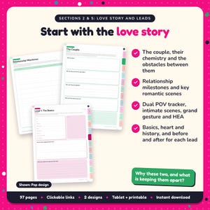 Start with the love story: Romance Writing Planner pages. The couple, their chemistry and the obstacles between them; Relationship milestones and key romantic scenes; Dual POV tracker, intimate scenes, grand gesture and HEA