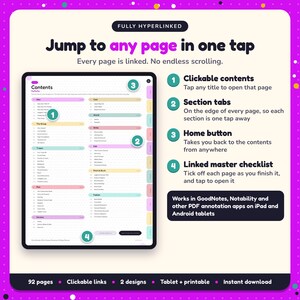 Hyperlinked contents page of the Why Choose Romance Writing Planner, with clickable contents, section tabs, home button and linked master checklist for GoodNotes and Notability