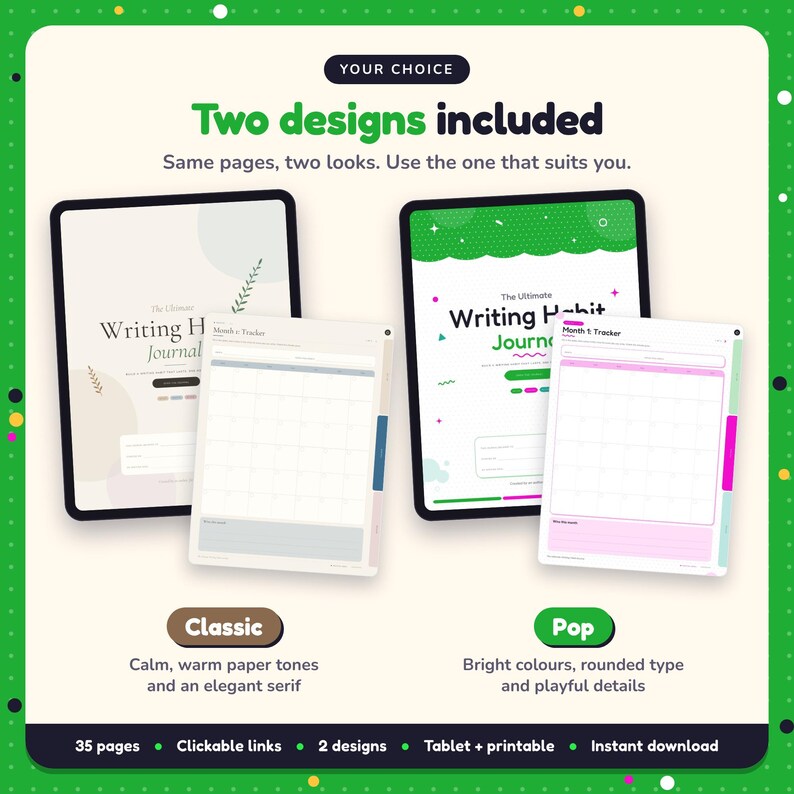 Two designs included with the Writing Habit Journal: Classic and Pop