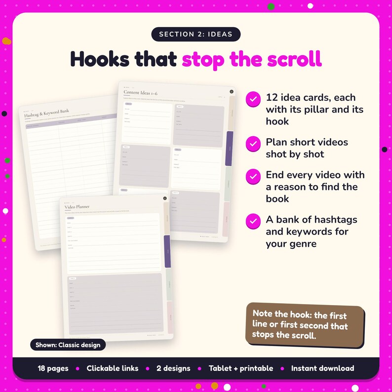 Hooks that stop the scroll: Author Social Media Planner pages. 12 idea cards, each with its pillar and its hook; Plan short videos shot by shot; End every video with a reason to find the book