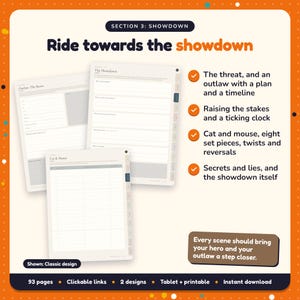 Ride towards the showdown: Western Writing Planner pages. The threat, and an outlaw with a plan and a timeline; Raising the stakes and a ticking clock; Cat and mouse, eight set pieces, twists and reversals