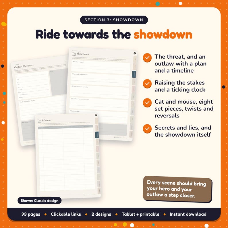 Ride towards the showdown: Western Writing Planner pages. The threat, and an outlaw with a plan and a timeline; Raising the stakes and a ticking clock; Cat and mouse, eight set pieces, twists and reversals