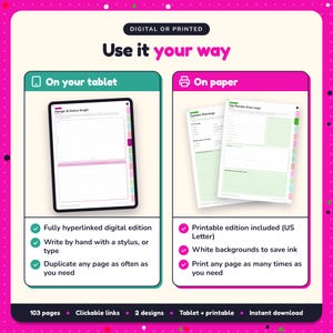 Use the Dark Romance Writing Planner on your tablet as a hyperlinked digital planner, or print the US Letter printable edition