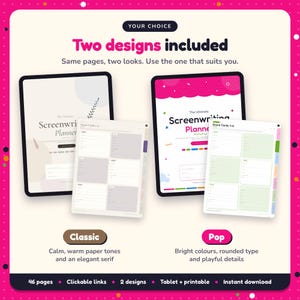 Two designs included with the Screenwriting Planner: Classic and Pop