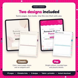 Two designs included with the Romance Writing Planner: Classic and Pop
