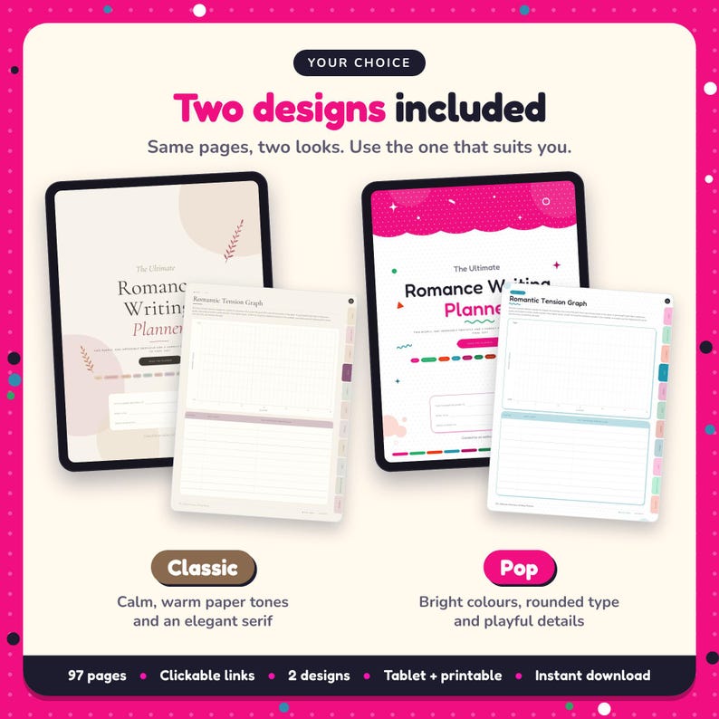 Two designs included with the Romance Writing Planner: Classic and Pop