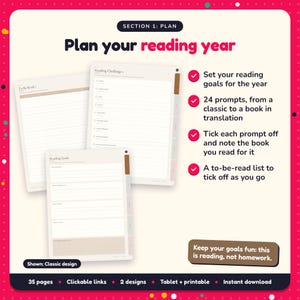 Plan your reading year: Book Lover's Reading Journal pages. Set your reading goals for the year; 24 prompts, from a classic to a book in translation; Tick each prompt off and note the book you read for it