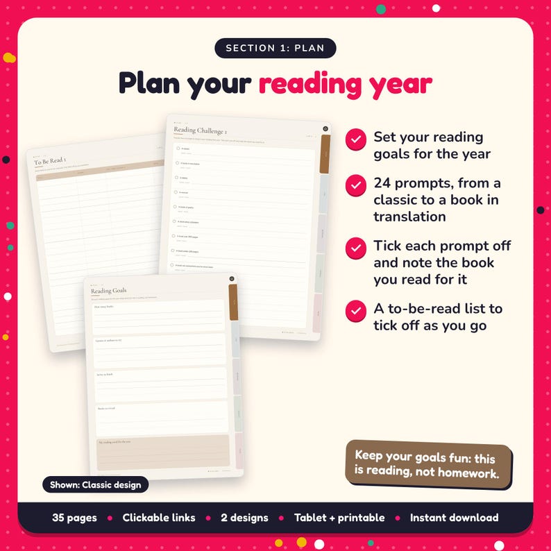 Plan your reading year: Book Lover's Reading Journal pages. Set your reading goals for the year; 24 prompts, from a classic to a book in translation; Tick each prompt off and note the book you read for it