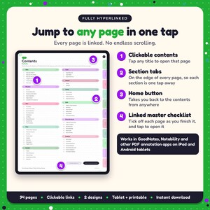 Hyperlinked contents page of the Military Thriller Writing Planner, with clickable contents, section tabs, home button and linked master checklist for GoodNotes and Notability