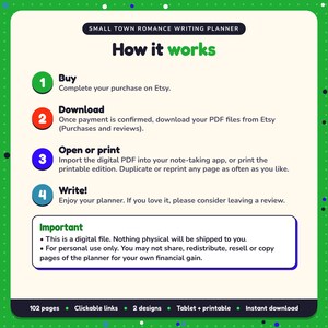 How it works: buy, download the PDF files from Etsy, open in your note-taking app or print. Digital file for personal use, nothing is shipped