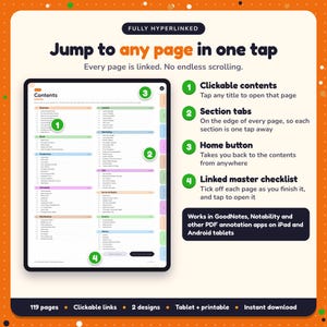 Hyperlinked contents page of the Self-Publishing Planner, with clickable contents, section tabs, home button and linked master checklist for GoodNotes and Notability