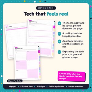 Tech that feels real: Techno-Thriller Writing Planner pages. The technology and its specs, pinned down on the page; A reality check to keep it plausible; An attack timeline and the systems at risk