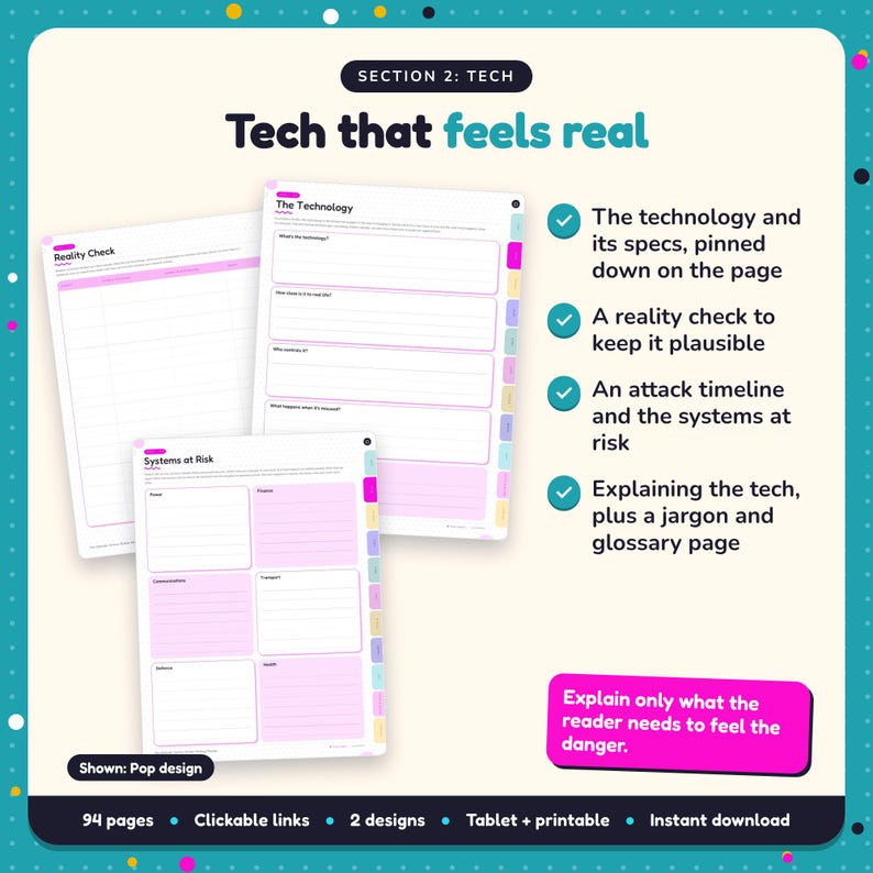 Tech that feels real: Techno-Thriller Writing Planner pages. The technology and its specs, pinned down on the page; A reality check to keep it plausible; An attack timeline and the systems at risk