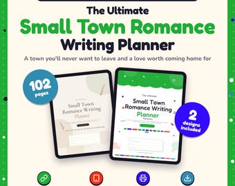 May include: Digital and printable planner for romance writers titled The Ultimate Small Town Romance Writing Planner. Includes 102 pages and 2 designs. Features clickable links, tablet compatibility, and printable pages for instant download.