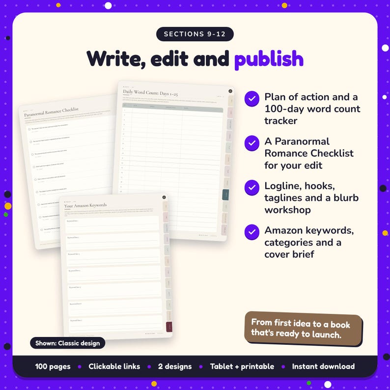 Write, edit and publish: Paranormal Romance Writing Planner pages. Plan of action and a 100-day word count tracker; A Paranormal Romance Checklist for your edit; Logline, hooks, taglines and a blurb workshop