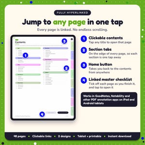 Hyperlinked contents page of the Picture Book Writing Planner, with clickable contents, section tabs, home button and linked master checklist for GoodNotes and Notability