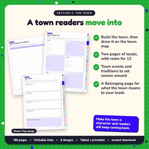 A town readers move into: Small Town Romance Writing Planner pages. Build the town, then draw it on the town map; Two pages of locals, with room for 12; Town events and traditions to set scenes around