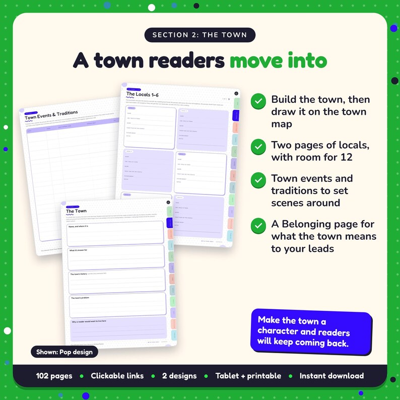A town readers move into: Small Town Romance Writing Planner pages. Build the town, then draw it on the town map; Two pages of locals, with room for 12; Town events and traditions to set scenes around