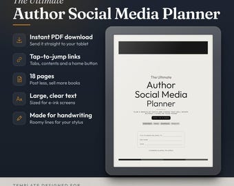 Può includere: Un planner digitale per tablet e-ink intitolato The Ultimate Author Social Media Planner. L'interfaccia presenta link cliccabili, 18 pagine e testo grande. Progettato per la scrittura a mano, compatibile con reMarkable e Kindle Scribe.