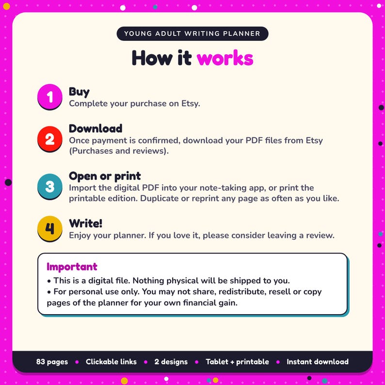 How it works: buy, download the PDF files from Etsy, open in your note-taking app or print. Digital file for personal use, nothing is shipped