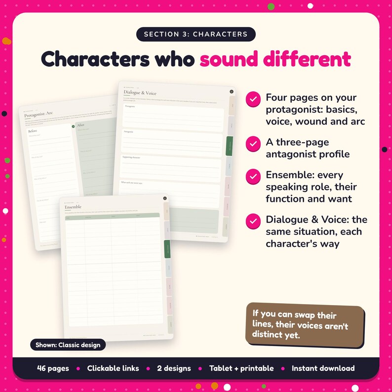 Characters who sound different: Screenwriting Planner pages. Four pages on your protagonist: basics, voice, wound and arc; A three-page antagonist profile; Ensemble: every speaking role, their function and want