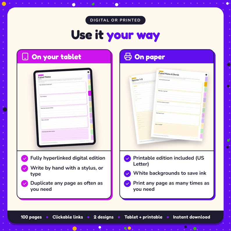Use the Paranormal Romance Writing Planner on your tablet as a hyperlinked digital planner, or print the US Letter printable edition